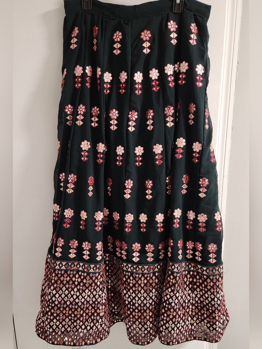 Green Boho Maxi Skirt with Pink Sequin Floral Embellishment . Size M/L